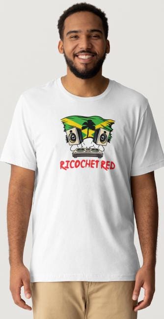 (Musician Donation) DJ RICOCHET RED "Jamaican Flag" White Short Sleeve