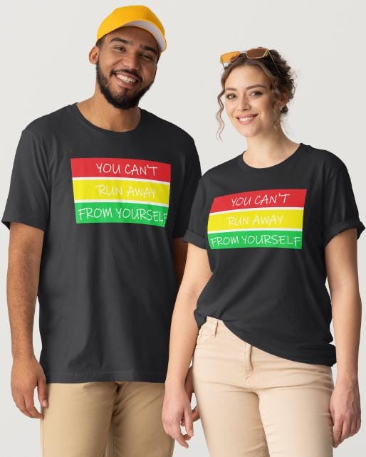 Reggae-Inspired Song Lyrics Design "You can't run away from yourself"- Black Short Sleeve