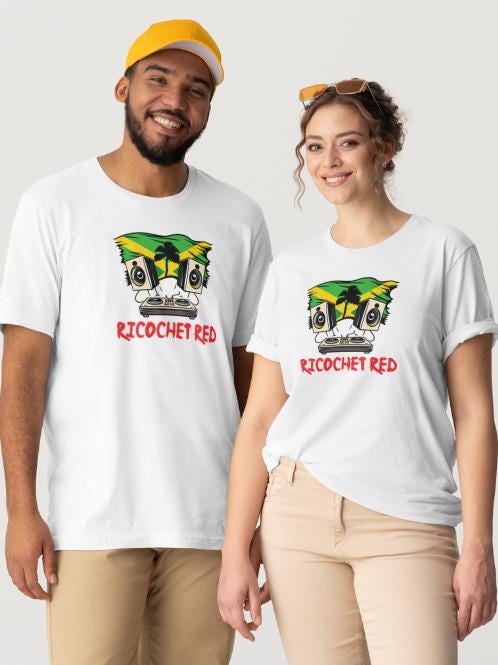 (Musician Donation) DJ RICOCHET RED "Jamaican Flag" White Short Sleeve
