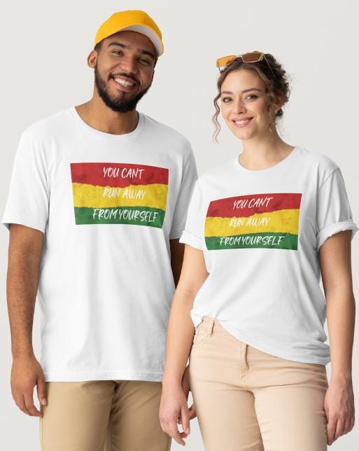 Reggae-Inspired Song Lyrics Design "You can't run away from yourself" - White Short Sleeve