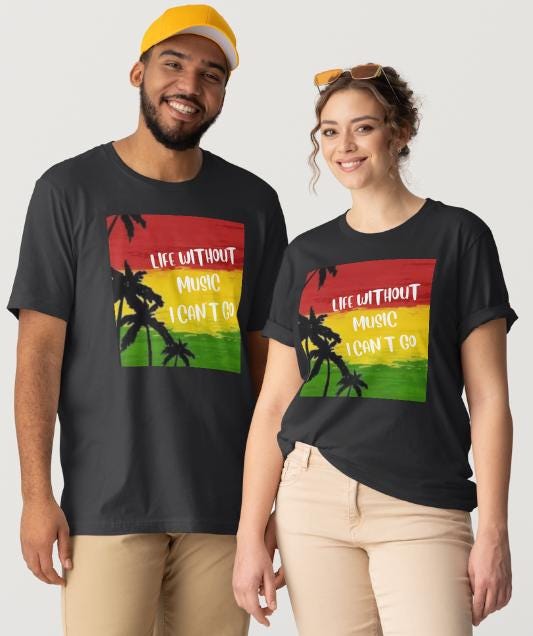 Reggae-Inspired Song Lyrics "Life Without Music, I can't go!" Design - Black Short Sleeve