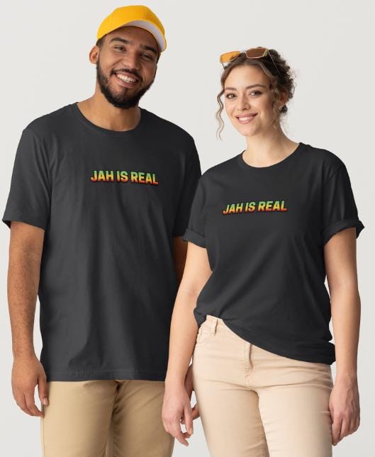 Reggae-Inspired Song Lyrics Design. "JAH IS REAL". Black Short Sleeve